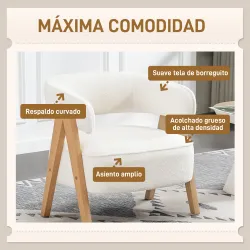 Butaca de Salón Tapizada en Borreguito Acolchada Gruesa Patas de Madera Respaldo Curvado 70x64x71 cm Blanco - Ogal.Es