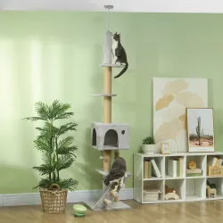 Árbol para Gatos de Suelo a Techo de 225-255 cm con Altura Ajustable Múltiples Plataformas Escalera Bola Colgant... - Ogal.Es