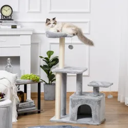 Árbol Rascador para Gatos Altura 114 cm con Postes de Sisal 3 Plataformas Casita y 2 Bolas Colgantes Gris Claro - Ogal.Es