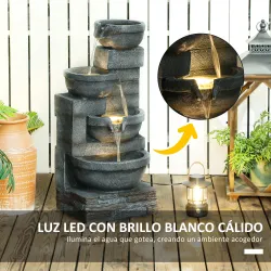 Fuente de Jardín con Iluminación LED Fuente Decorativa en Cascada de 4 Niveles 38x35x78,5 cm Gris - Ogal.Es