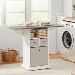 Mueble de Plancha con Ruedas Tabla de Planchar Plegable 3 Cajones de Tela 121x37x89,5 cm Blanco - Ogal.Es