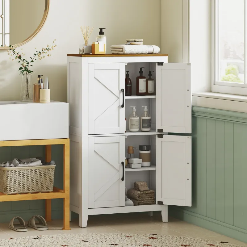 Armario de Baño Estrecho con Puertas Tipo Granero 4 Estantes y Estantes Ajustables 60x30x110 cm Blanco - Ogal.Es
