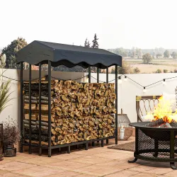 Leñero con Cubierta Soporte para Leña para Exterior con Estructura Reforzada Impermeable 143x70x145 cm Negro - Ogal.Es