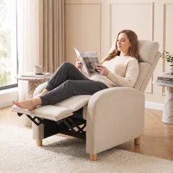 Sillón Reclinable Manual hasta 135° Tapizado en Lino Reposapiés Muelles Ensacados Respaldo Alto y Patas de Mader... - Ogal.Es
