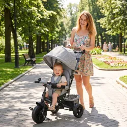 Triciclo para Bebés de +12 Meses con Mango de Empuje Telescópico y Desmontable Bolso para Mamá y Portabotellas Gris - Ogal.Es