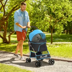 Carrito para Perros Pequeños 3 en 1 con Vagón Desmontable Cesta de Almacenaje Correas de Seguridad y Cojín Azul - Ogal.Es