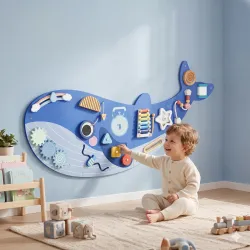 Tablero Sensorial Montessori Tema Ballena Busy Board Panel Sensorial Montessori 13 en 1 para Niños +2 Años Azul - Ogal.Es