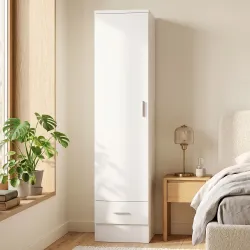 Armario Dormitorio Moderno Armario Ropero con Barra para Colgar Cajón Estante Superior 40x52x170 cm Blanco - Ogal.Es