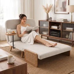 Sofá Cama 2 Plazas Convertible 3 en 1 Tapizado en Chenilla con Respaldo Ajustable Mesa Lateral 2 Almohadas Blanc... - Ogal.Es