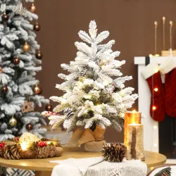 Mini Árbol de Navidad Artificial 60 cm con 35 Luces LED 182 Ramas Densas con Nieve Adornos y Base de Arpillera V... - Ogal.Es