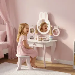 Tocador de Maquillaje Niñas con Taburete Espejos Giratorios Cajón 6 Accesorios Bandejas Laterales para +3 Años Rosa - Ogal.Es