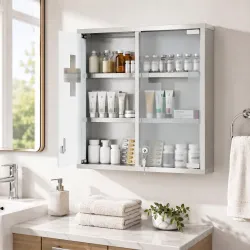 Botiquín de Pared con Cerradura Puertas de Cristal Estantes y 2 Llaves para Baño Cocina 46x12x48 cm Plateado - Ogal.Es