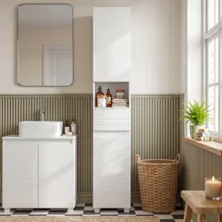 Armario Alto de Baño Mueble de Baño Estrecho Alto Brillo con Cajón Compartimento Abierto y Estantes Ajustables B... - Ogal.Es