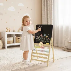 Pizarra Infantil Caballete Caballete de Madera con Pizarra Doble Cara Reloj Ábaco y Borrador para +2 Años Natural - Ogal.Es