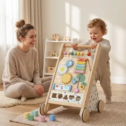 Andador Madera Bebé Caminador Bebé con Juguetes Montessori Control de Velocidad 5 Bloques Ruedas Natural - Ogal.Es