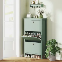 Zapatero Estrecho con 3 Compartimentos y Tiradores de Cuero PU para Pasillos y Recibidores 80x24x131 cm Verde Claro - Ogal.Es