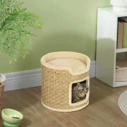 Barril Rascador para Gatos Altura 37 cm Torre para Gatos con Cueva y Cama Superior Cubierto de Sisal Caqui - Ogal.Es