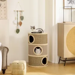 Barril Rascador para Gatos de 3 Niveles Altura 79 cm Tonel de Escalada con Cama Cubierto de Sisal Caqui y Café - Ogal.Es