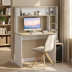 Mesa de Ordenador con Estantes Escritorio con Estanterías Soporte para Monitor CPU 114x45x138 cm Blanco y Natural - Ogal.Es
