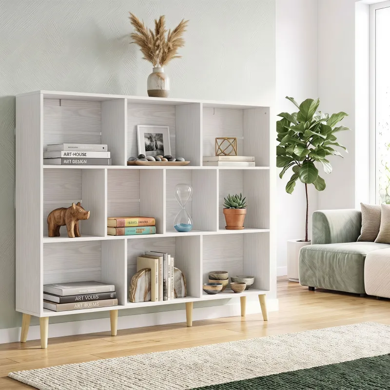 Librería de 3 Niveles con 10 Cubos Patas de Madera Maciza 140x24x107 cm Blanco - Ogal.Es