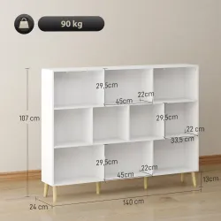 Librería de 3 Niveles con 10 Cubos Patas de Madera Maciza 140x24x107 cm Blanco - Ogal.Es