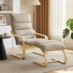 Sillón con Reposapiés Tapizado en Lino con Balanceo Suave Respaldo Alto Brazos y Patas de Madera Beige - Ogal.Es
