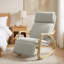 Silla Mecedora con Reposapiés Ajustable en 5 Posiciones Reposabrazos de Madera Acolchado Doble Capa Gris Claro - Ogal.Es