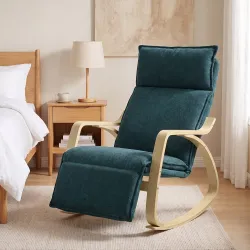Silla Mecedora con Reposapiés Ajustable en 5 Posiciones Reposabrazos de Madera Acolchado Doble Capa Verde Oscuro - Ogal.Es