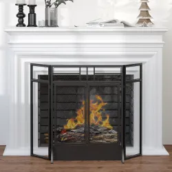 Salvachispas Plegable Pantalla Protectora de Chimenea de 3 Paneles con Doble Puerta y Pies 120x11,5x79 cm Negro - Ogal.Es