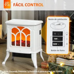 Chimenea Eléctrica de Pie 750/1500 W con 2 Niveles de Potencia Efecto Llama Área de Cobertura 15-20 m² Blanco - Ogal.Es