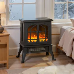 Chimenea Eléctrica de Pie 900/1800W Efecto Llama 3D Termostato Ajustable Ventanas Visibles para 15-30 ㎡ Negro - Ogal.Es
