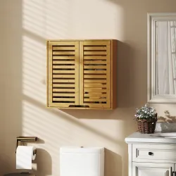 Armario de Baño de Pared de Bambú Mueble de Baño Colgante con Estante Ajustable Puertas de Lamas Natural - Ogal.Es