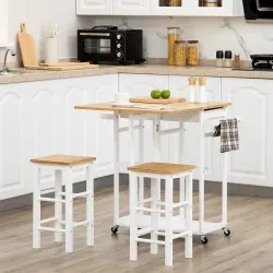 Juego de Mesa Alta de Bar y 2 Taburetes con Ruedas Mesa Plegable de Cocina con Taburetes 86x75,5x83,5 cm Natural - Ogal.Es