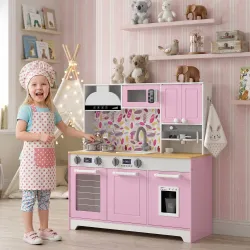 Cocina de Juguete de Madera con Accesorios de Acero Inoxidable Cafetera Máquina de Hielo Fregadero Fogones Rosa - Ogal.Es