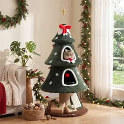 Árbol Rascador para Gatos 132 cm Diseño de Navidad Torre para Gatos de Felpa con 2 Casitas Escalera de Sisal Verde - Ogal.Es