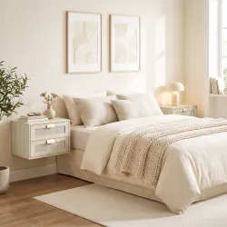 Juego de 2 Mesitas de Noche Flotantes con 2 Cajones con Frente de Ratán Natural para Dormitorio 40x30x27,6 cm Roble - Ogal.Es