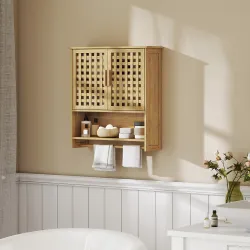 Armario de Baño de Pared de Bambú con 2 Puertas de Celosía Estante Abierto y Estante Ajustable Natural - Ogal.Es