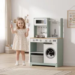Cocina de Juguete de Madera con Lavandería Máquina de Hielo Cajón de Tela Perchas Accesorios de Acero Inoxidable... - Ogal.Es