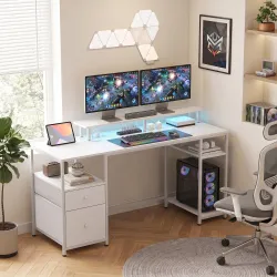 Mesa de Escritorio con Luces LED Cajones Tomas de Corriente Puertos USB y Soporte para Monitor 155,5x48x88,5 cm ... - Ogal.Es
