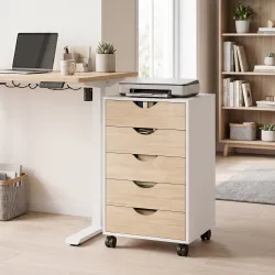 Cajonera Oficina con Ruedas y 5 Cajones Archivador Móvil, para Estudio Salón 40x40x68,5 cm Blanco y Natural - Ogal.Es