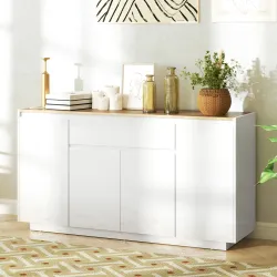 Aparador de Salón con 4 Puertas Cajón y Estantes Ajustables 140x40x75 cm Natural y Blanco Brillo - Ogal.Es