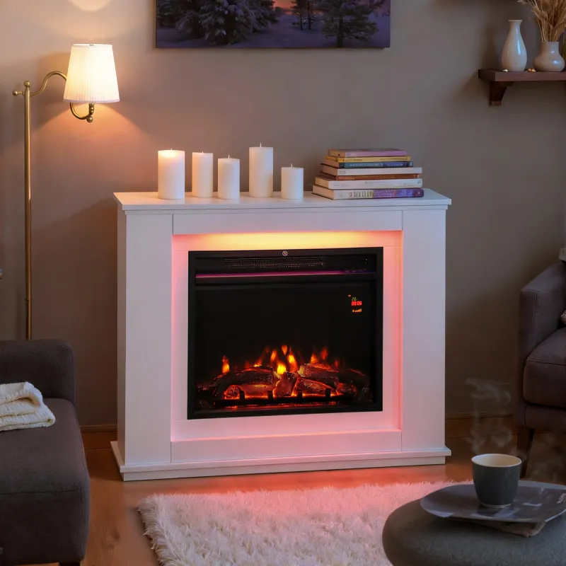 Chimenea Eléctrica 1000/2000W con Efecto de Llama de 5 Niveles de Brillo y 12 Colores para 30 ㎡ Blanco - Ogal.Es