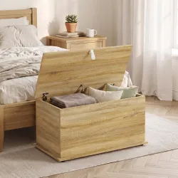 Baúl de Almacenaje 102L con Bisagra de Seguridad Estilo Moderno para Pasillo Dormitorio Salón 80x40x45 cm Roble - Ogal.Es