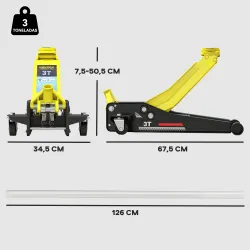 Gato Hidráulico para Coche 3T Altura de Elevación 75-505 mm con Bomba de Doble Pistón Ruedas Mango de Aluminio A... - Ogal.Es