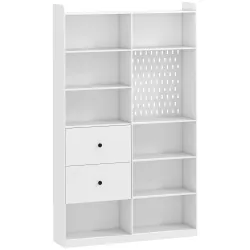 Estantería para Libros Alta y Estrecha con Panel Perforado 2 Cajones 8 Compartimentos Abiertos 120x30x200 cm Blanco - Ogal.Es