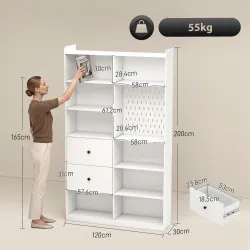 Estantería para Libros Alta y Estrecha con Panel Perforado 2 Cajones 8 Compartimentos Abiertos 120x30x200 cm Blanco - Ogal.Es