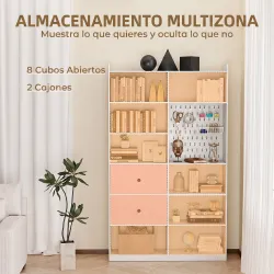 Estantería para Libros Alta y Estrecha con Panel Perforado 2 Cajones 8 Compartimentos Abiertos 120x30x200 cm Blanco - Ogal.Es