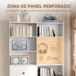 Estantería para Libros Alta y Estrecha con Panel Perforado 2 Cajones 8 Compartimentos Abiertos 120x30x200 cm Blanco - Ogal.Es