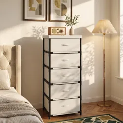 Cómoda para Dormitorio con 5 Cajones de Tela Marco de Acero Cajonera para Salón Oficina Vestidor Beige - Ogal.Es