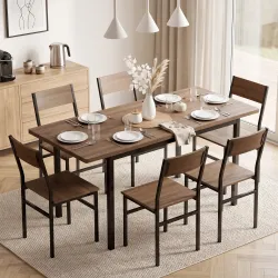 Conjunto Mesa de Comedor Extensible 120-160 cm y 6 Sillas para 4-6 Personas Marrón Efecto Madera - Ogal.Es